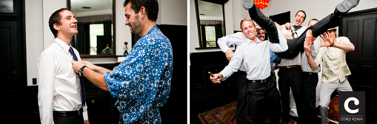 groom getting ready for wedding with grooms men