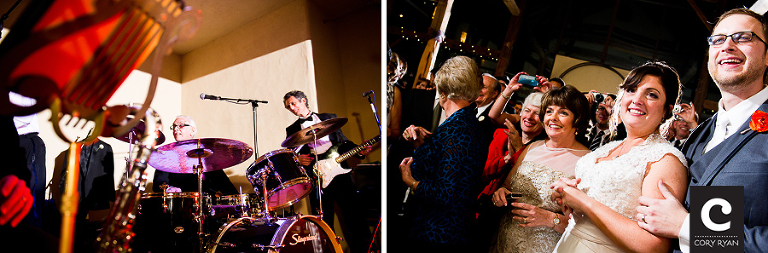 bride and groom watching band
