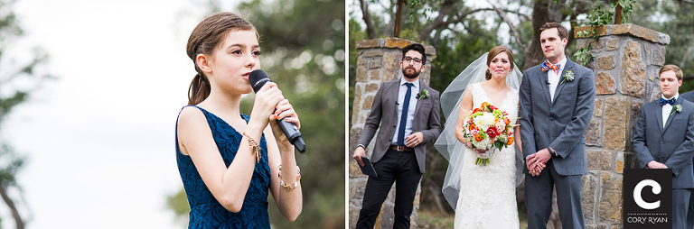 bride's sister sings a song during the ceremony