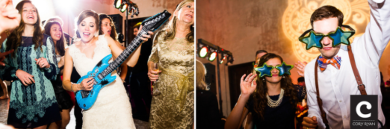 bride with inflatable guitar and groom with star sunglasses