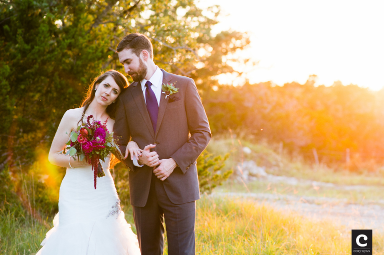 bride and groom sunset