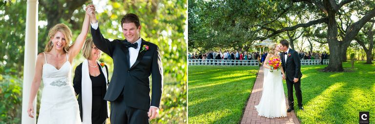 bride and groom celebrating and exiting down the aisle