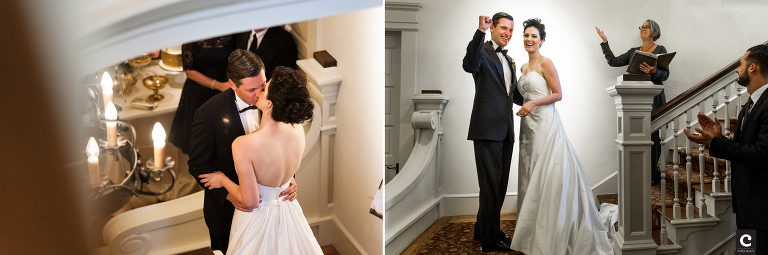 bride and groom kiss