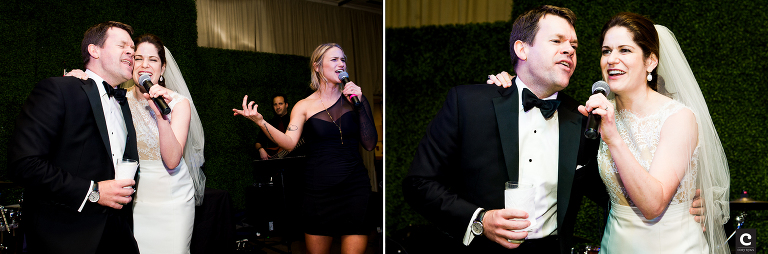 bride and groom on stage singing