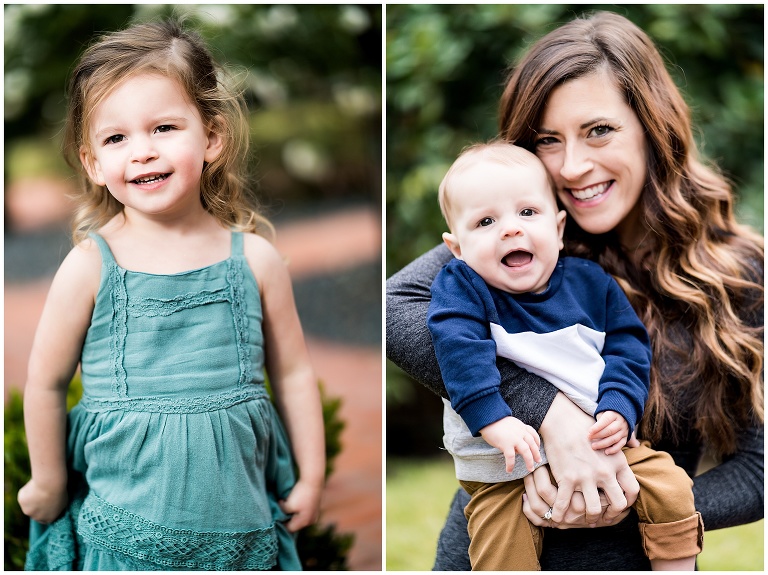mom with a smiling baby and big sister