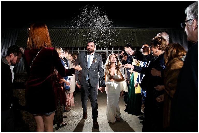 rice exit from wedding reception