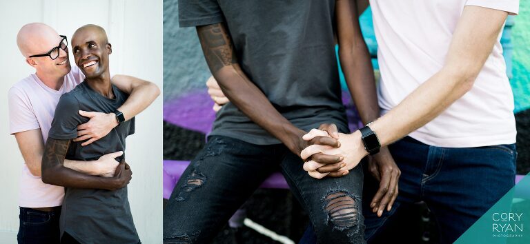 gay couple holds hands smiling after Googling "inclusive engagement photographers near me" and booking their Austin engagement photos